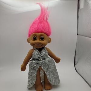 Vintage Russ Troll Doll with Bright Pink Hair and Shimmering Dress